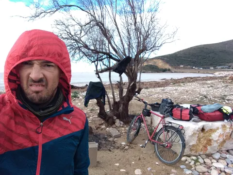 Drying my stuff at the beach while fixing a flat