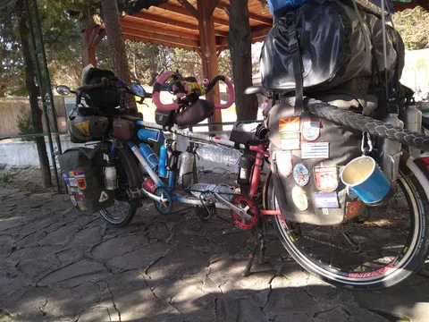A fully loaded tandem bike