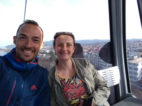 Taking the cable lift down from our hike with my CS host Emel