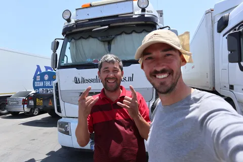 Crazy friendly Kazakh truck driver at the port