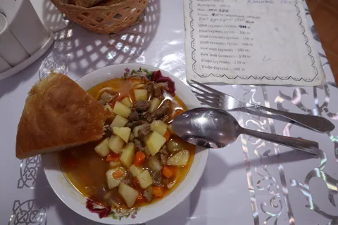 This soup in a Chaikhana is about 600 KZT (1.40 EUR)