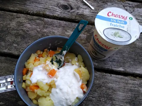 Another festive, "home-cooked" meal: potatoes, carrots and creme fraiche (tzaziki was unavailable...)