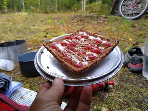 Camping kitchen: Finnish bread, margarine, strawberry jam