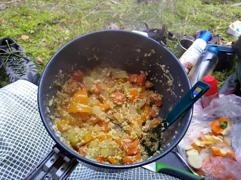 Camping kitchen: pepper, potato, carrots, eggs