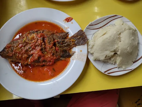 Fish Ugali. For about 2-3 EUR one can get a filling meal in Kenya